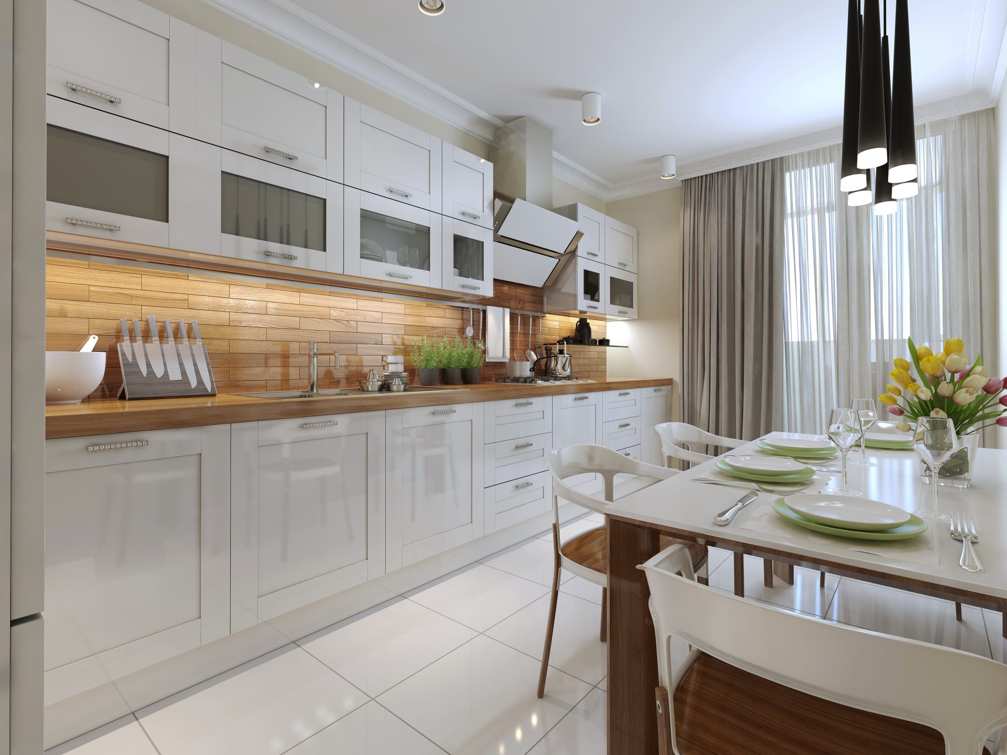 бело деревянная кухня в современном стиле
